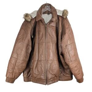 Bubble Well Embossed Leather Coat Mens 5XL Brown Detachable Hood Fur Trim Y2K